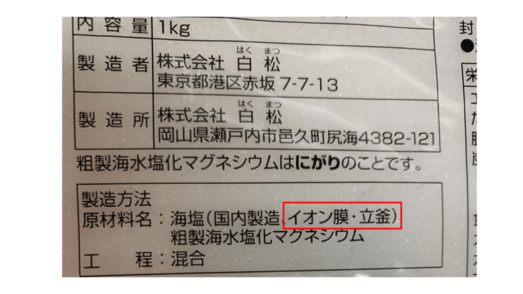 精製塩の栄養成分表示