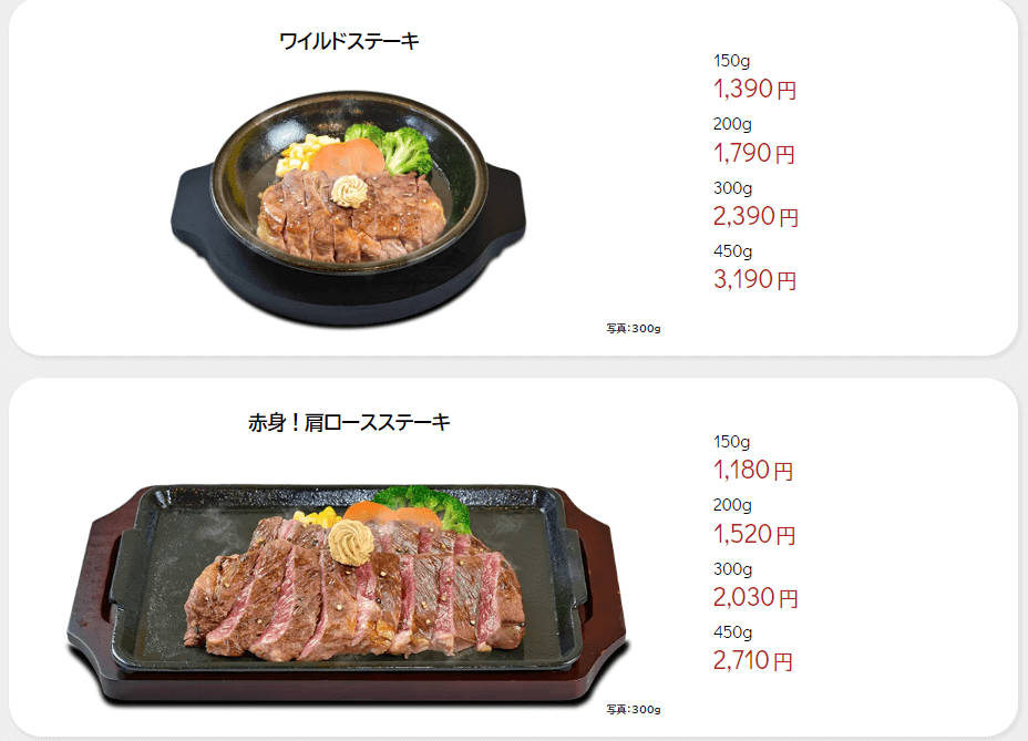 いきなりステーキメニュー例